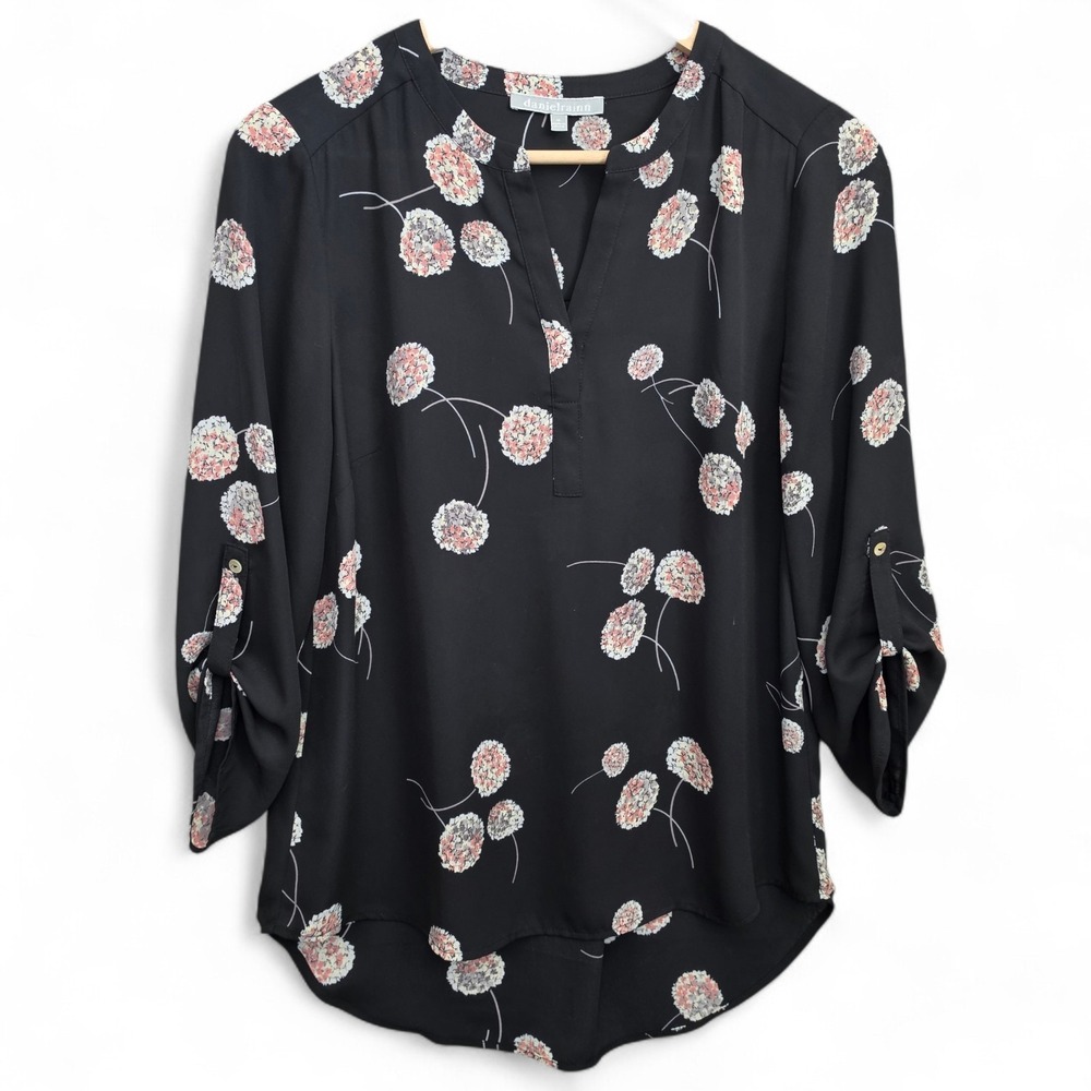 Daniel Rainn Top Womens Medium Black Koda Split Neck Dandelion Blouse Semi Sheer